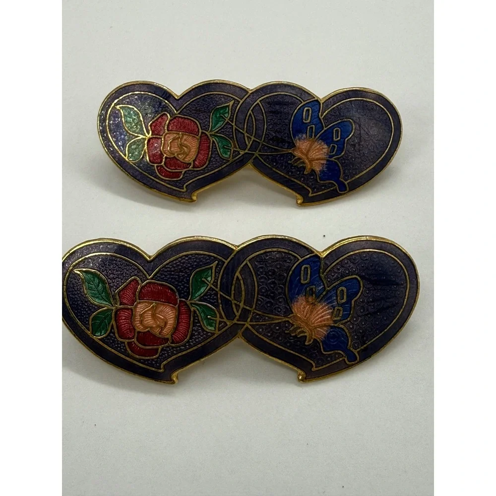 Vintage Cloisonne Enamel Double Heart Hair Barrettes Clips Butterfly Purple Gold
